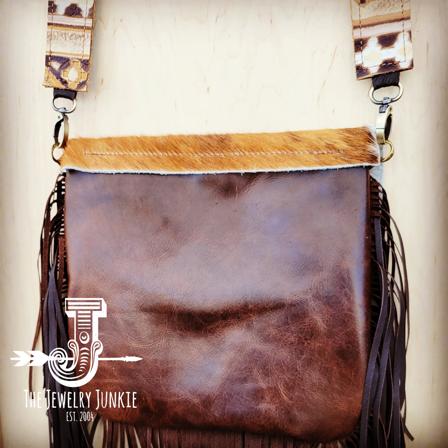 Leather Handbag w/ Hair-on-Hide Flap and Hoop Tassel Accent 510n
