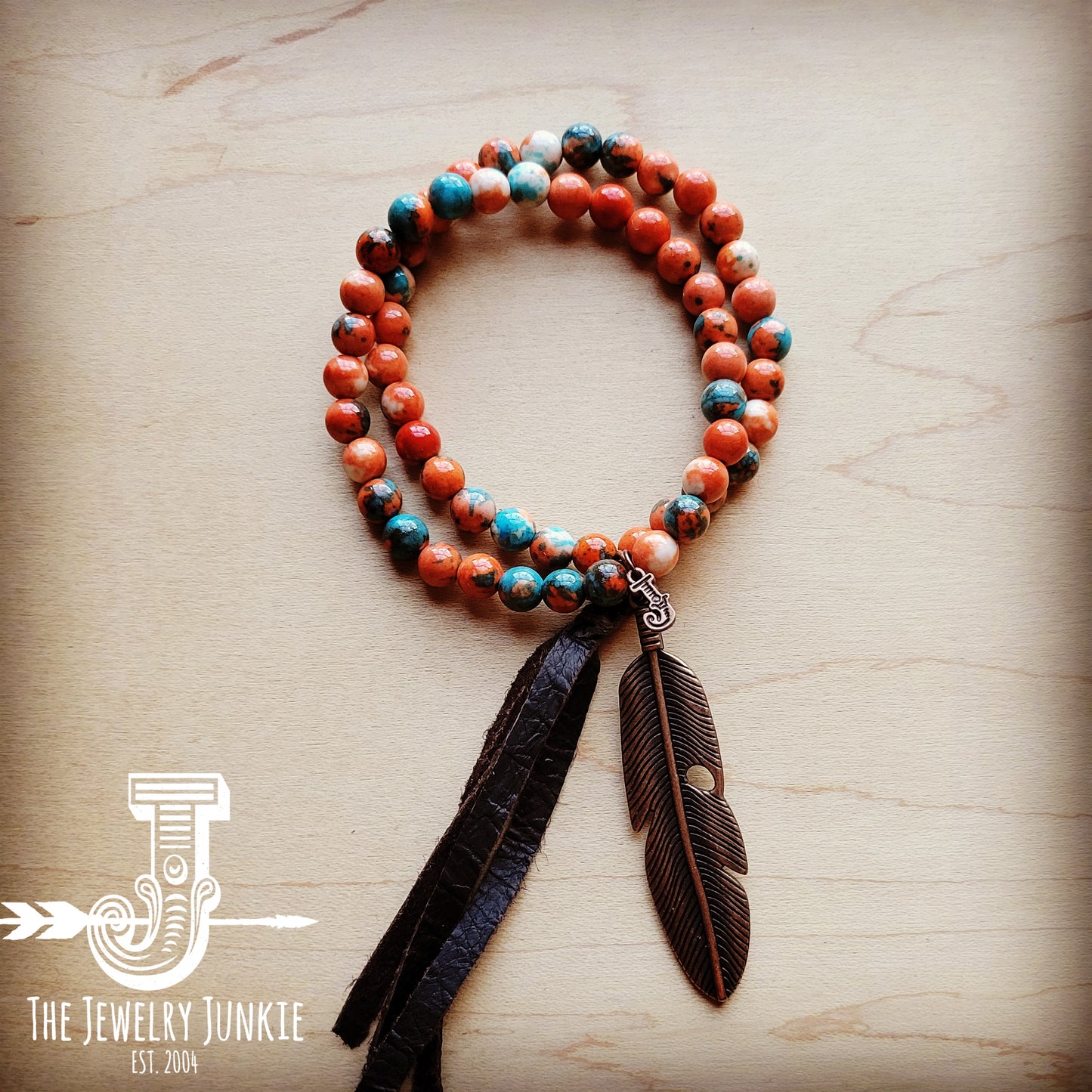 Multi-Colored Double Strand Jade Bracelet w/ Feather and Tassel