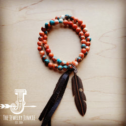 Multi-Colored Double Strand Jade Bracelet w/ Feather and Tassel 806p