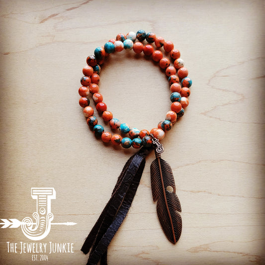 Multi-Colored Double Strand Jade Bracelet w/ Feather and Tassel 806p