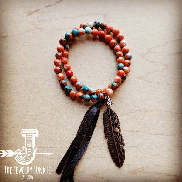 Multi-Colored Double Strand Jade Bracelet w/ Feather and Tassel