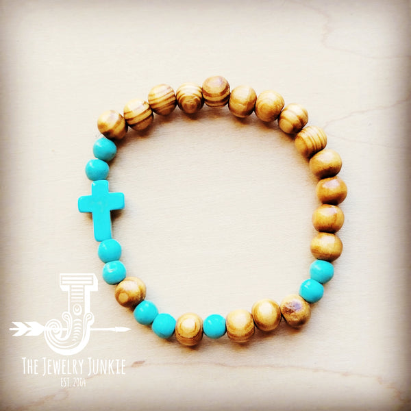 Bracelet Bar-Wood & Blue Turquoise Beads 806u