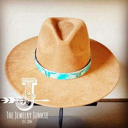 Tan Boho Western Felt Hat w/ Genuine Leather Turquoise Steer Band 980o