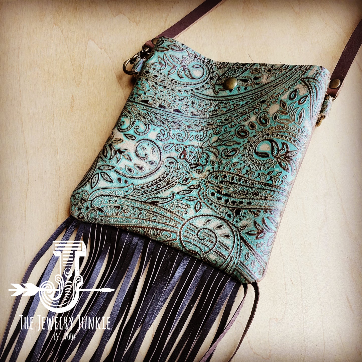 **Small Crossbody Handbag w/ Turquoise Brown Paisley w/ Fringe 508h