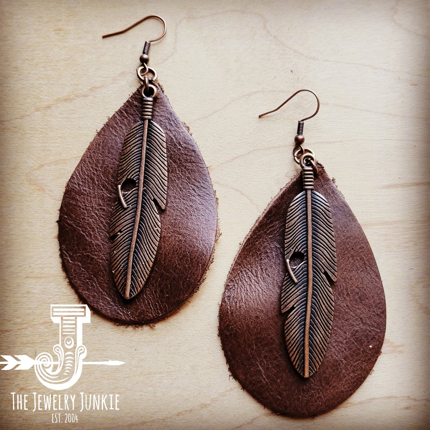 Leather Teardrop Earrings Brown w/ Copper Feather 208a