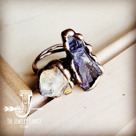Genuine Amethyst and Quartz Ring in Copper Setting