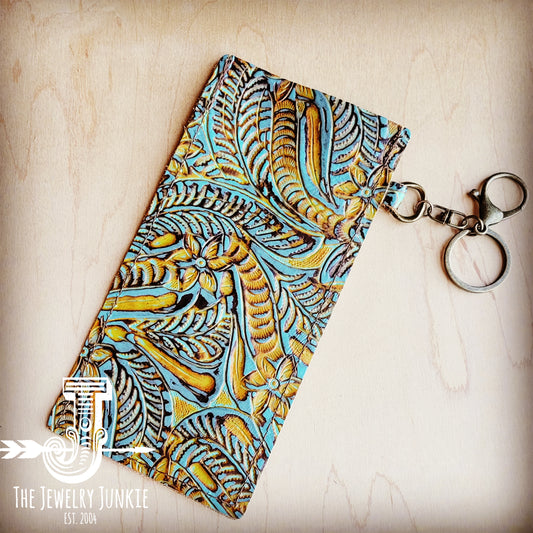 Embossed Leather Sunglasses Case w/ Keychain-Dallas Turquoise 100u