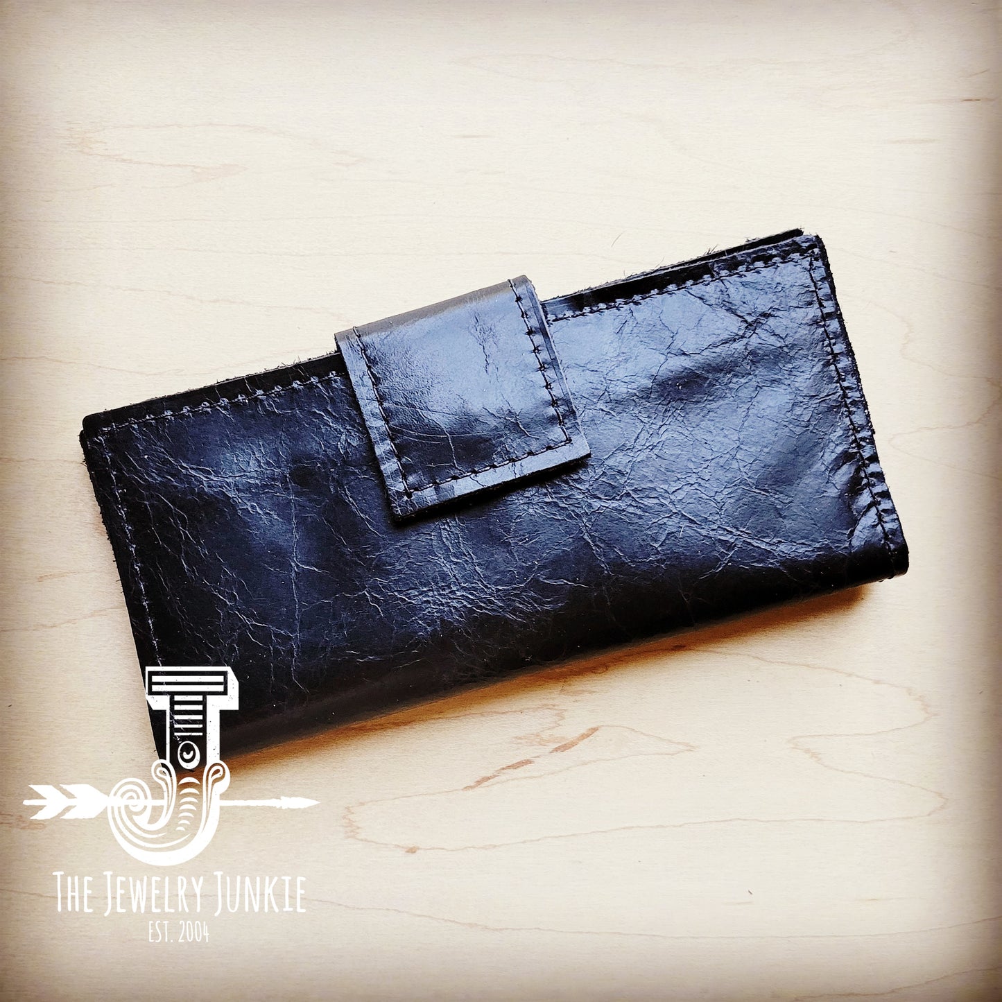 Distressed Leather Wallet-Black with Snap 304e