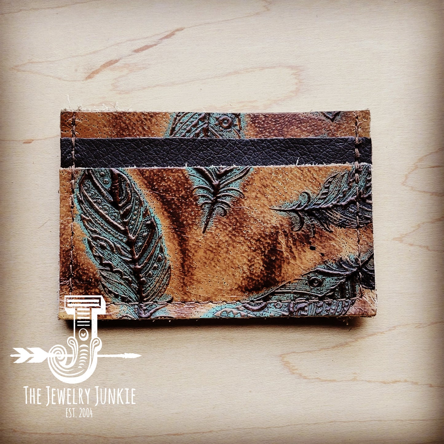 Embossed Leather Credit Card Holder-Plumas Sepia Turquoise 602y