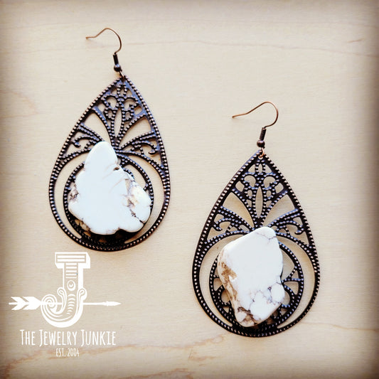 **Copper Filigree Earrings w/ White Turquoise Slab 211u