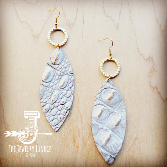 Narrow Leather Oval Earrings White & Gold Gator w/ Matte Gold Hoop 