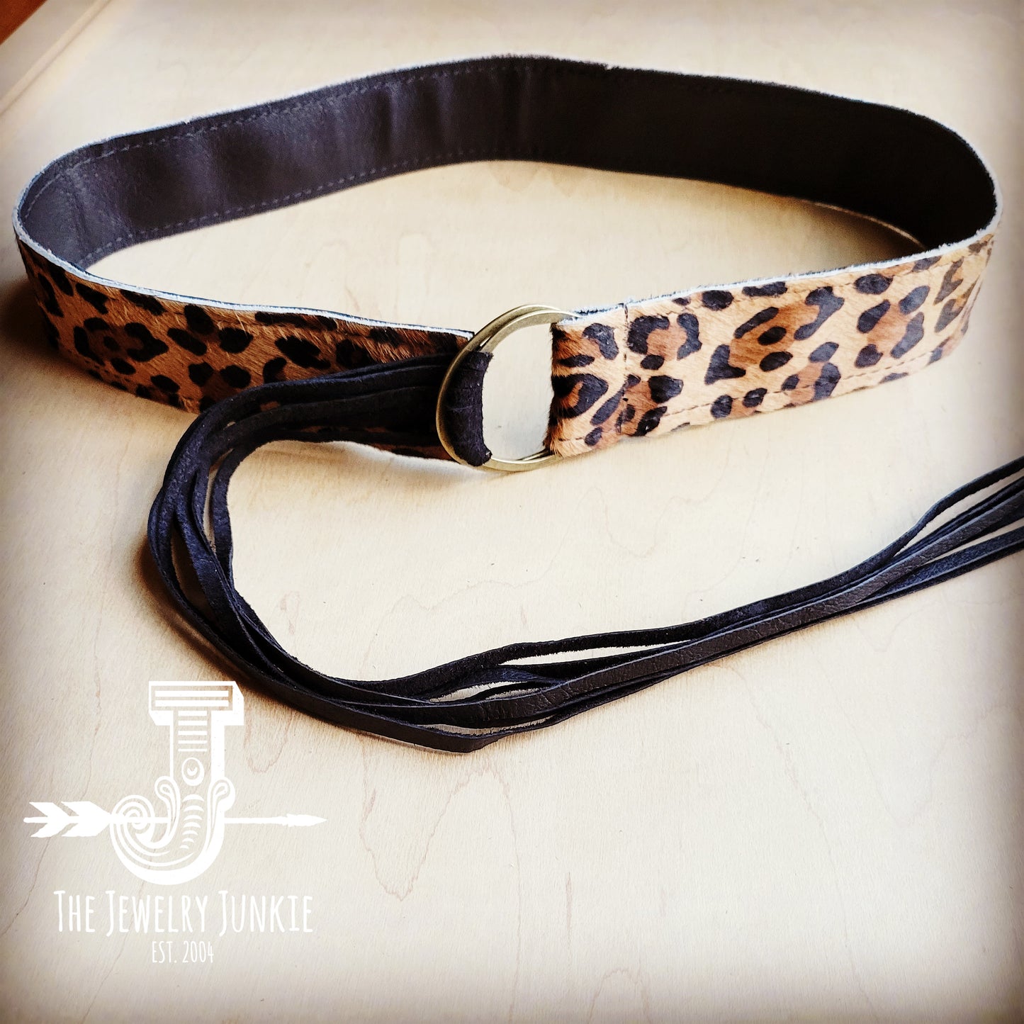 Leopard Hair-on-Hide Leather Belt with Long Leather Fringe Closure 903e