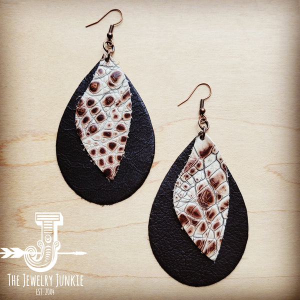 **Leather Teardrop Earrings with Cream and Bronze Gator Accents 207p