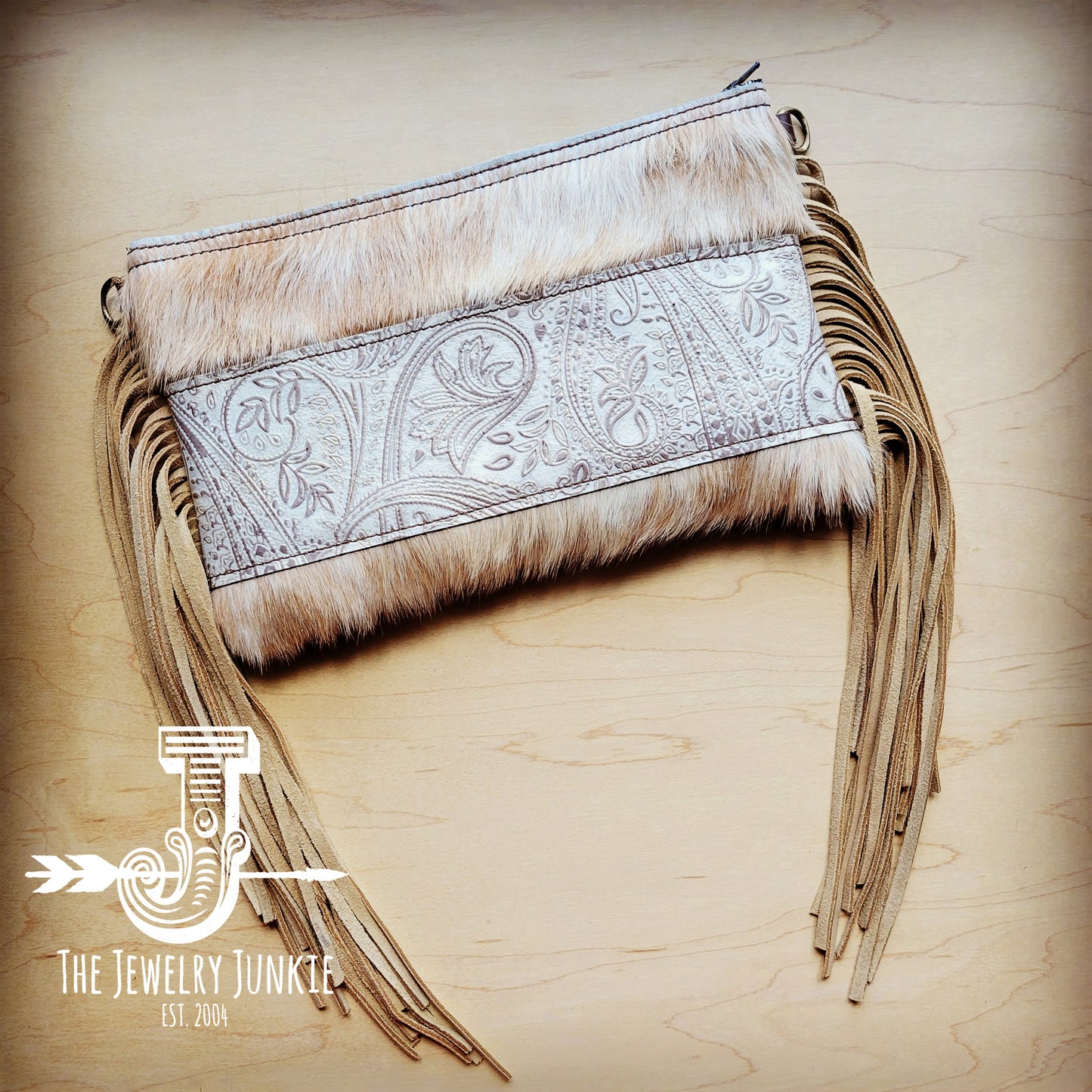 Hair on Hide Handbag w/ Oyster Paisley Accent & Fringe 508b