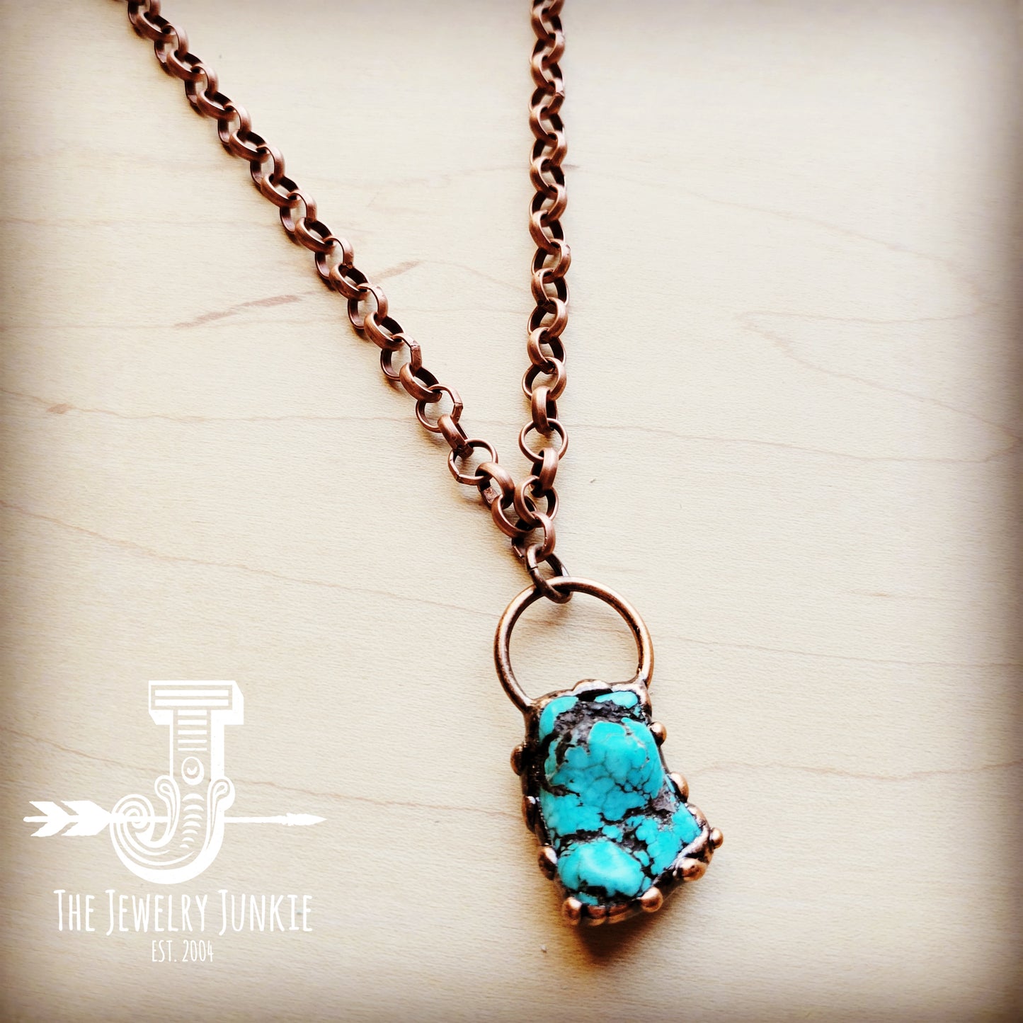 Long Copper Necklace w/ Turquoise and Copper Pendant 255f