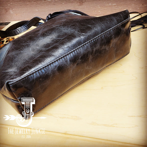 Tejas Leather Bucket Handbag Black & White with Triple Turquoise 510k