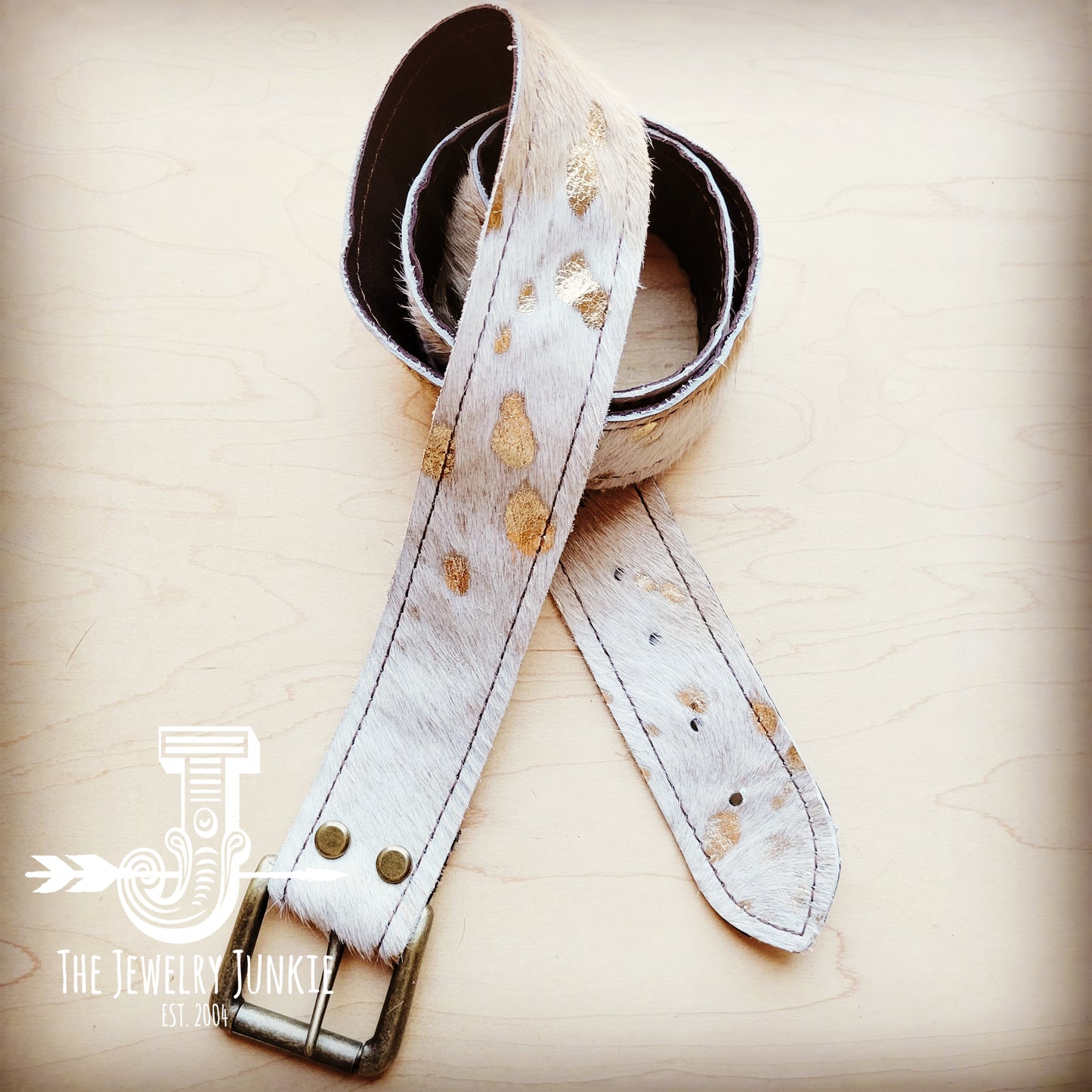 Mixed Metallic Hair on Hide Leather Belt w/ Antique Gold Buckle 903k