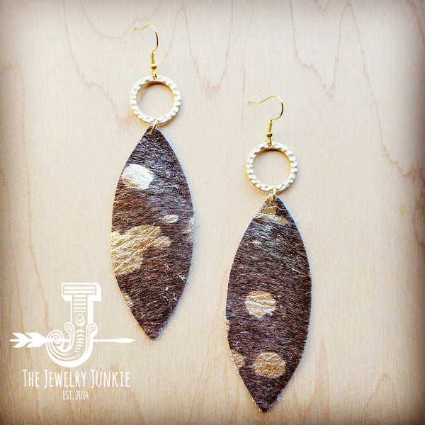 Narrow Leather Oval Earrings Hair-on-Hide Dark Metallic w/ Matte Gold Hoop 211e