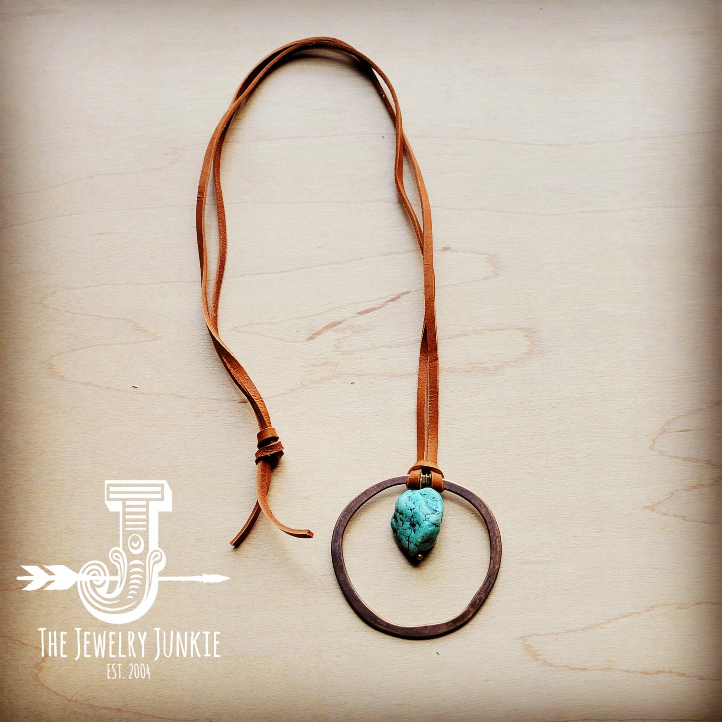 Leather Cord Necklace with Antique Gold Hoop and Turquoise 254v