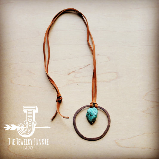 Leather Cord Necklace with Antique Gold Hoop and Turquoise