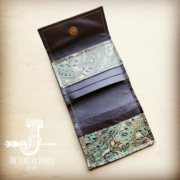 **Arizona Tri-Fold Embossed Leather Wallet-Turquoise Brown Paisley 303u