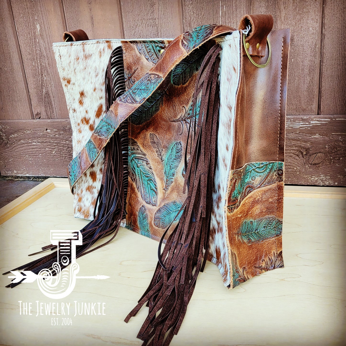 *Large Hair on Hide Box Handbag w/  Turquoise Feather Accent 506r