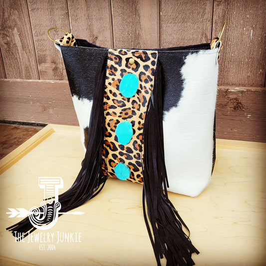 Tejas Leather Bucket Handbag with Leopard Accent & Triple Turquoise 510j