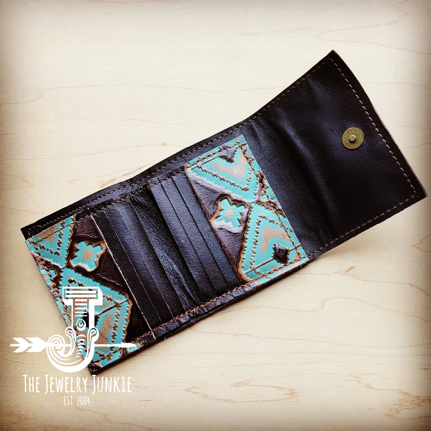 Arizona Tri-Fold Embossed Leather Wallet-Turquoise Navajo 302x