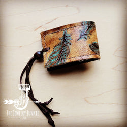 **Wide Leather Cuff w/ Adjustable Ties in Plumas Sepia Turquoise 004p