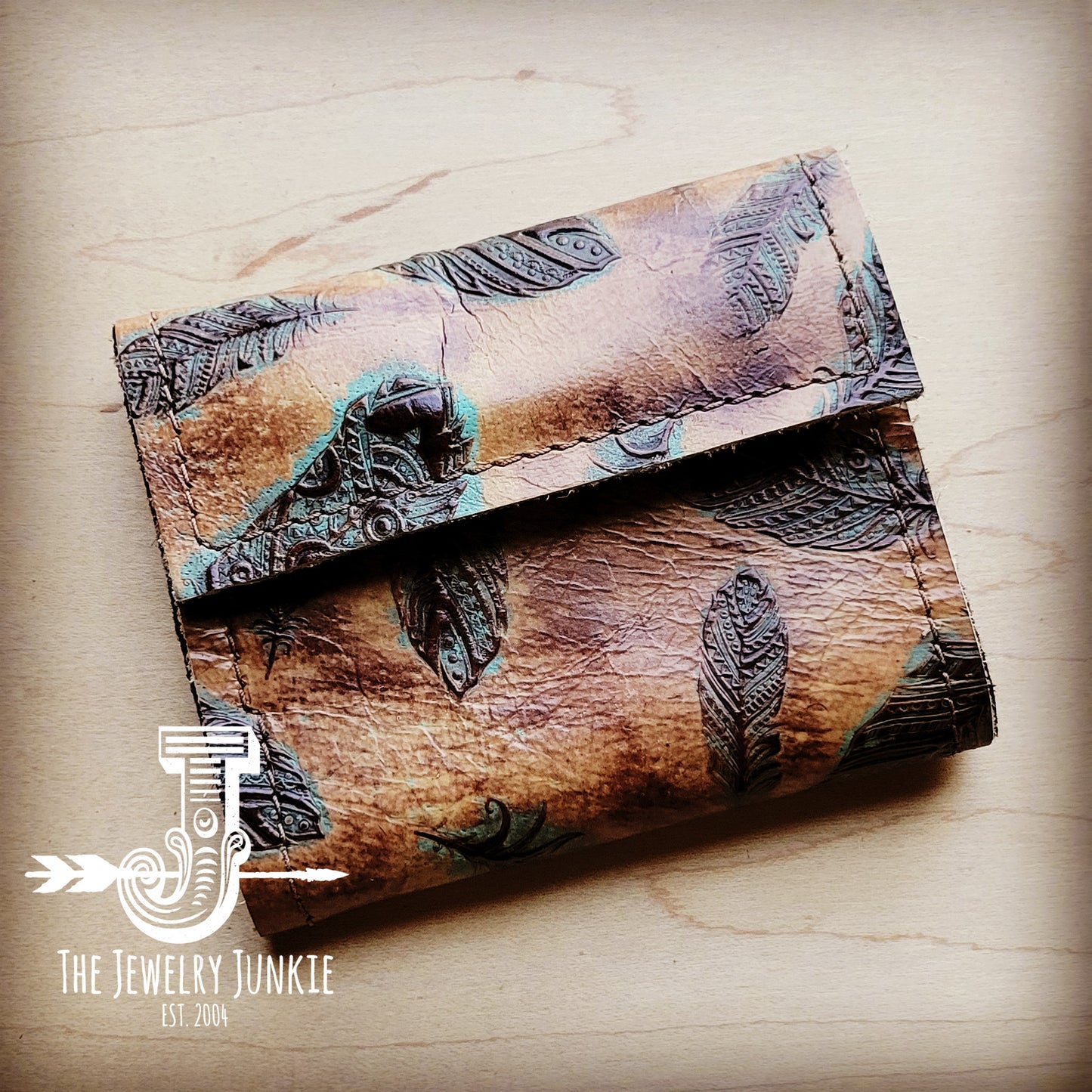 Tri-Fold Embossed Leather Wallet-Plumas Sepia Turquoise 304b
