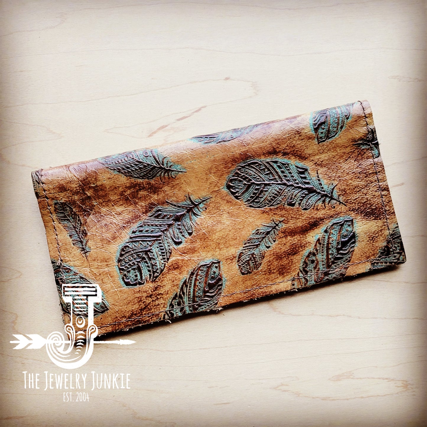 **Embossed Leather Wallet-Plumas Sepia Turquoise 303e