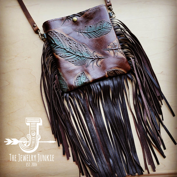 *Small Crossbody Handbag w/ Turquoise Feather Leather Full Fringe 507q