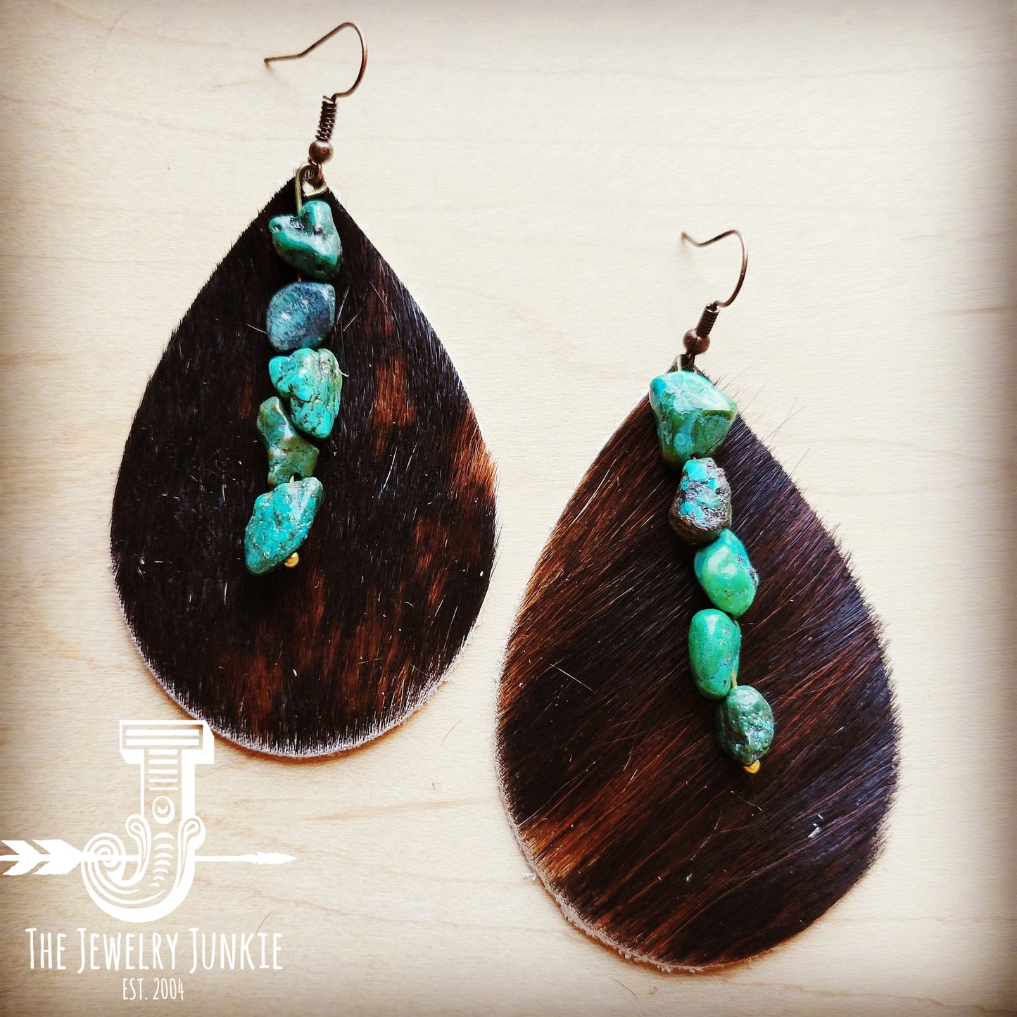 Leather Teardrop Dark Hair-on-Hide Earring w/ Turquoise 207n