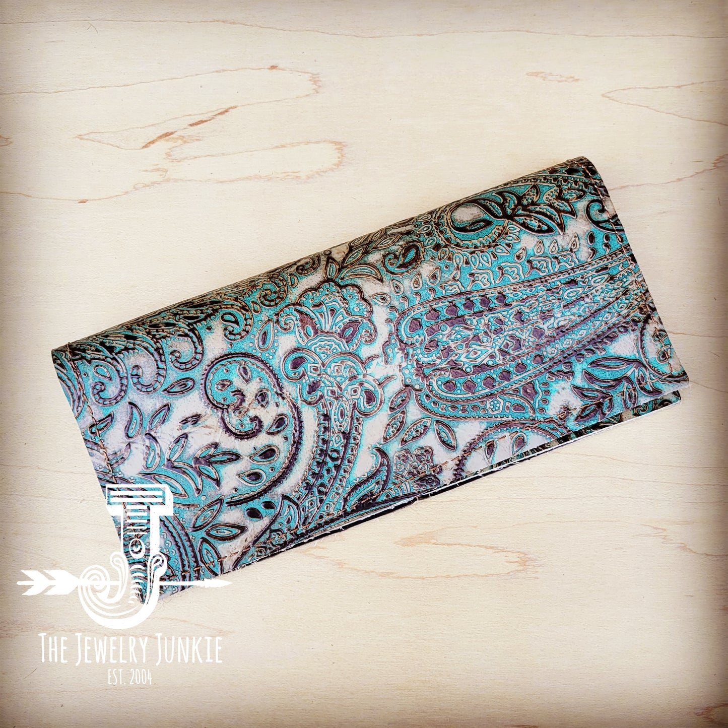 **Embossed Leather Wallet-Turquoise Brown Paisley 303b