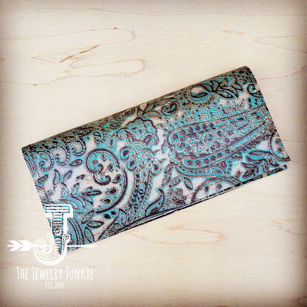 **Embossed Leather Wallet-Turquoise Brown Paisley 303b