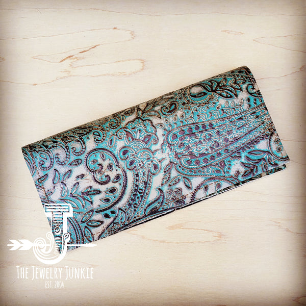 **Embossed Leather Wallet-Turquoise Brown Paisley 303b