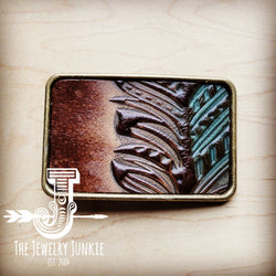*Rectangle Leather Belt Buckle Turquoise Brown Feather 904n