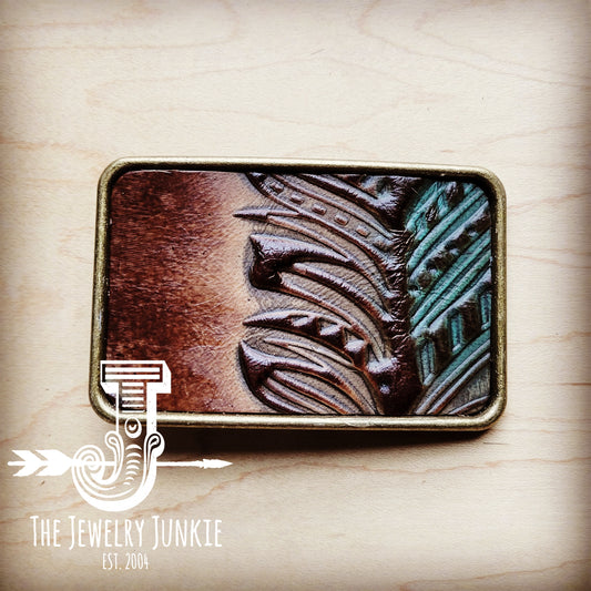 *Rectangle Leather Belt Buckle Turquoise Brown Feather 904n