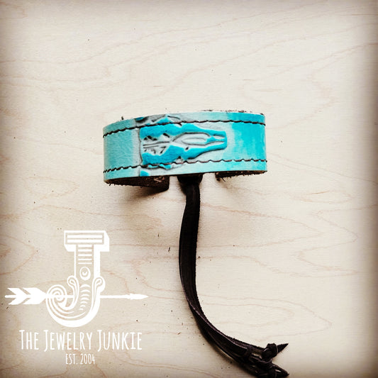 Narrow Leather Cuff w/ Adjustable Tie Turquoise Steer Head 013j