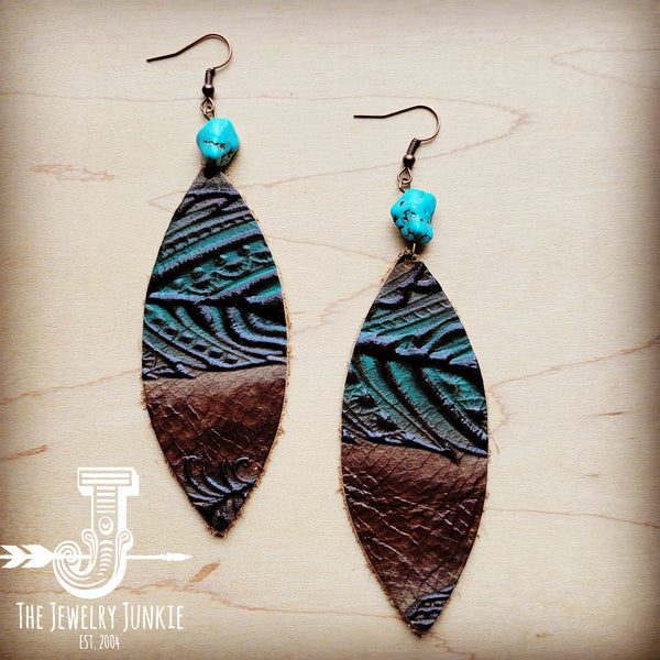 *Leather Oval Earrings in Turquoise Feather w/ Turquoise Accent 206w