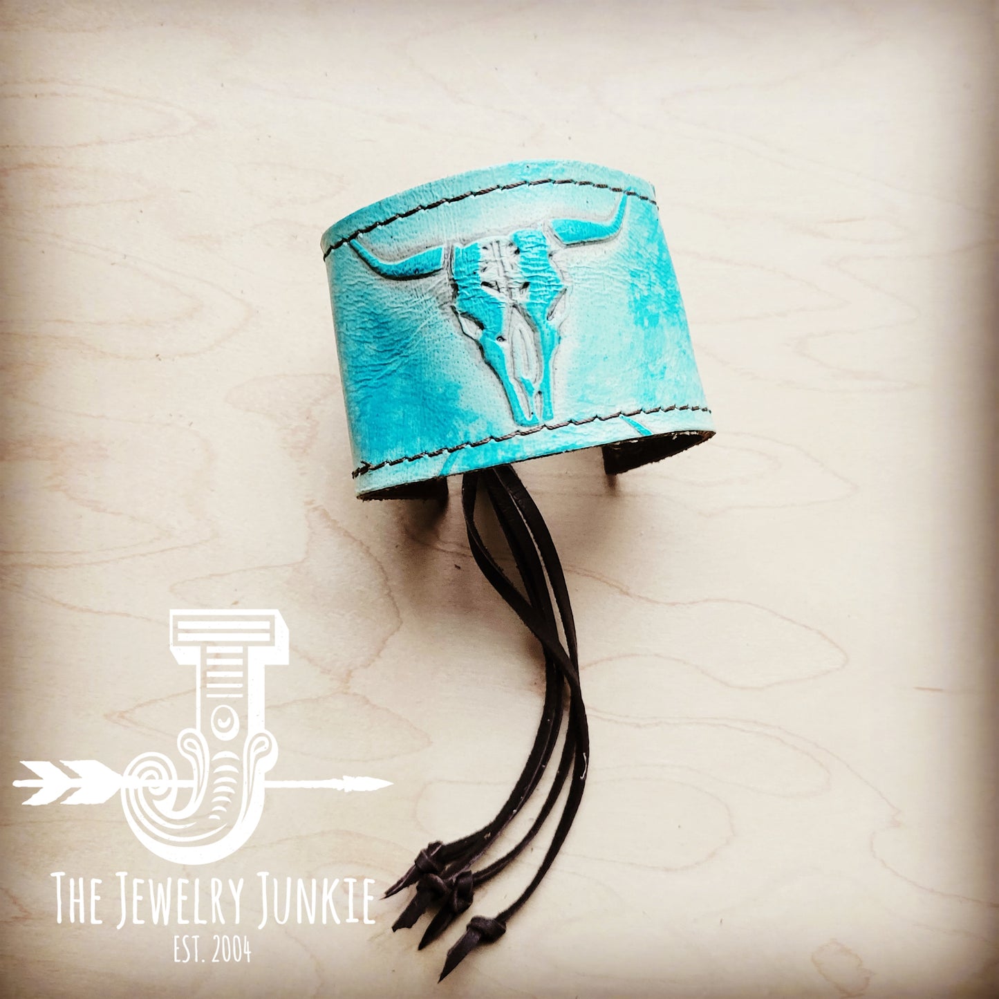 Wide Leather Cuff w/ Adjustable Tie in Turquoise Steer Head 013i