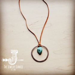 Leather Cord Necklace with Antique Gold Hoop and Turquoise 254v