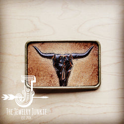 Rectangle Leather Belt Buckle Tan Steer Head 903z