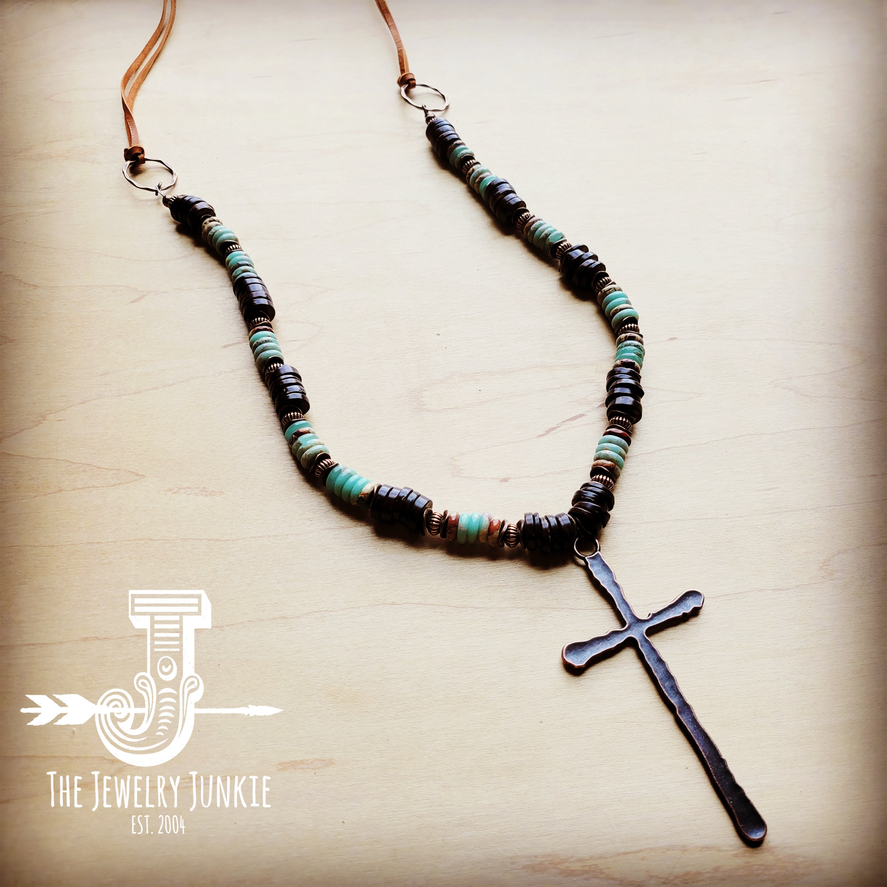 Aqua Terra and Wood Necklace with Copper Cross