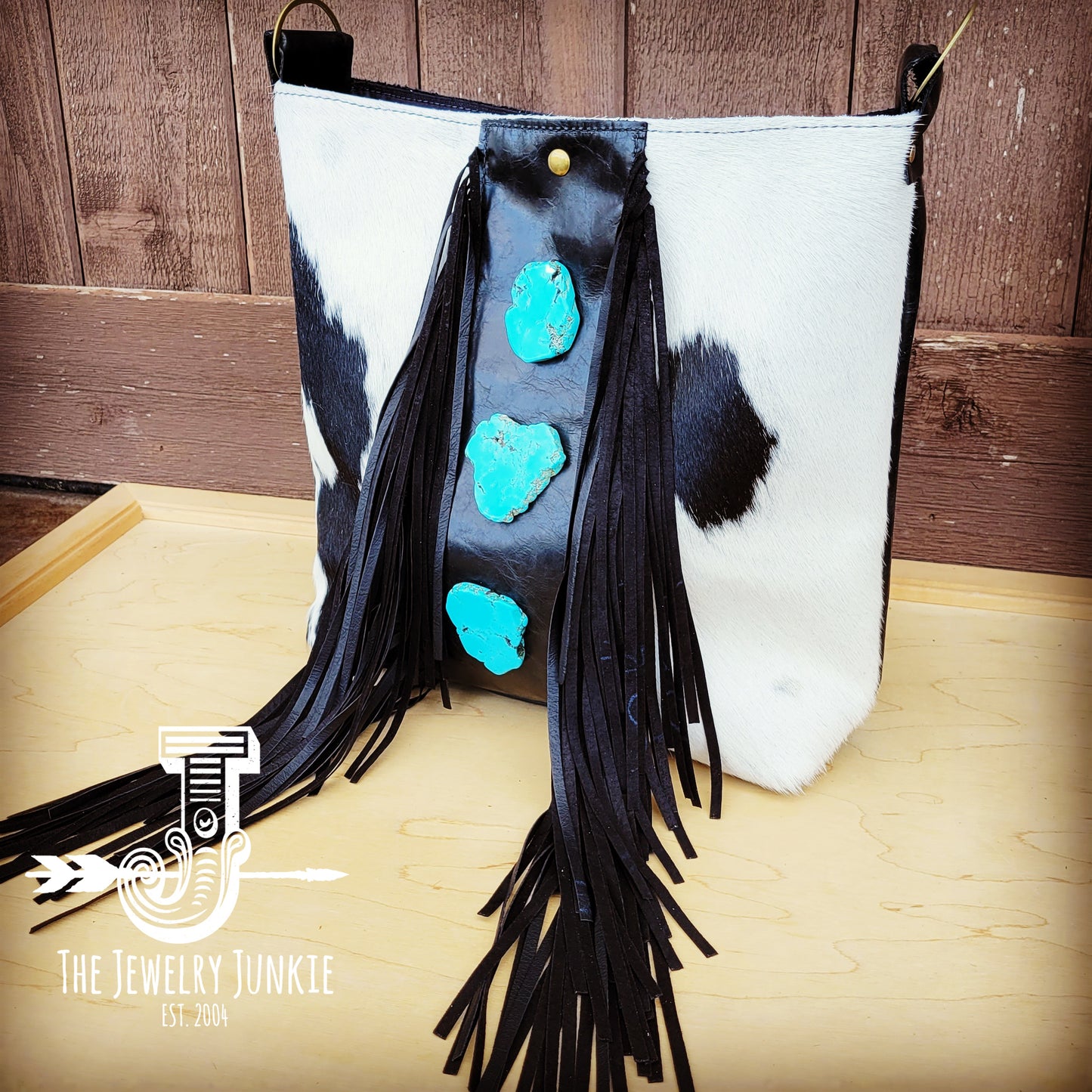 Tejas Leather Bucket Handbag Black & White with Triple Turquoise 510k