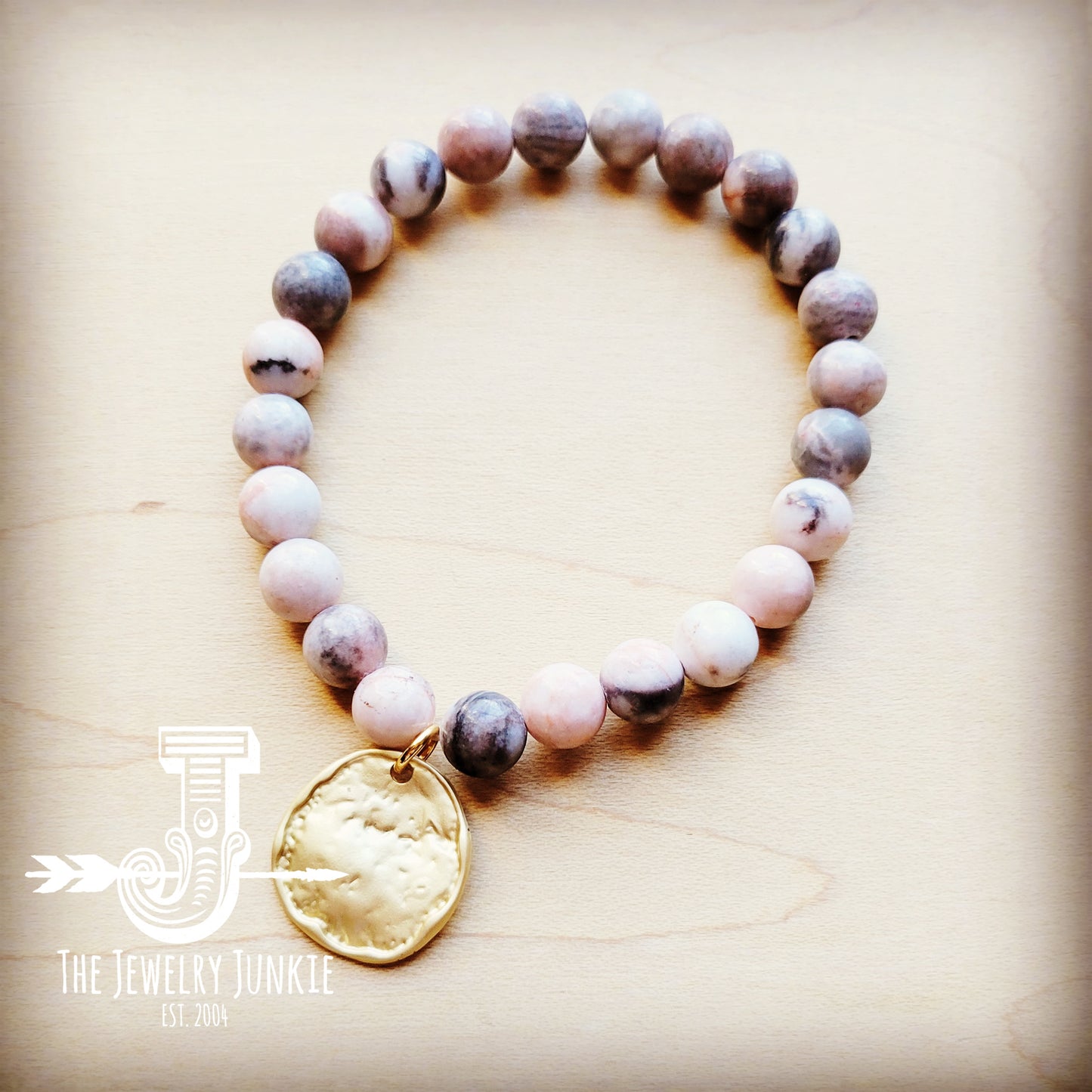 **Zebra Jasper Beaded Stretch Bracelet w/ Matte Gold Dangle 806y