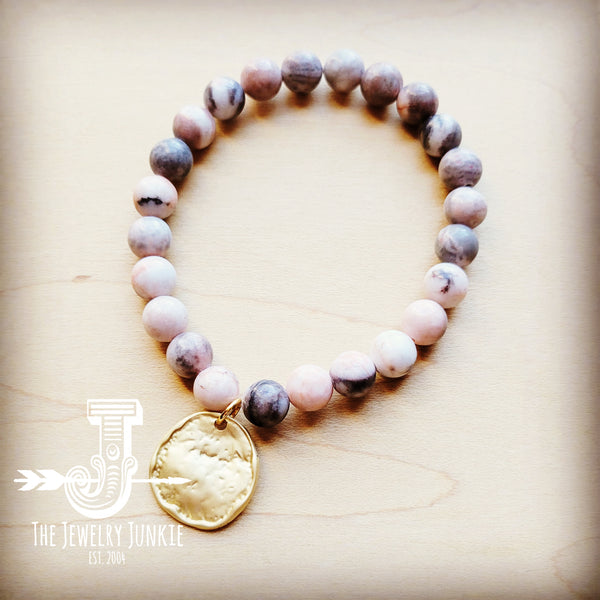 **Zebra Jasper Beaded Stretch Bracelet w/ Matte Gold Dangle 806y