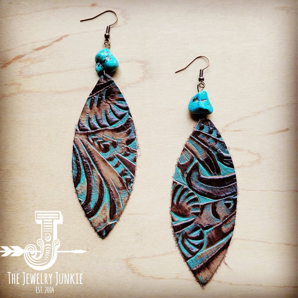 Leather Oval Earrings in Brown Floral w/ Turquoise Accent 206r