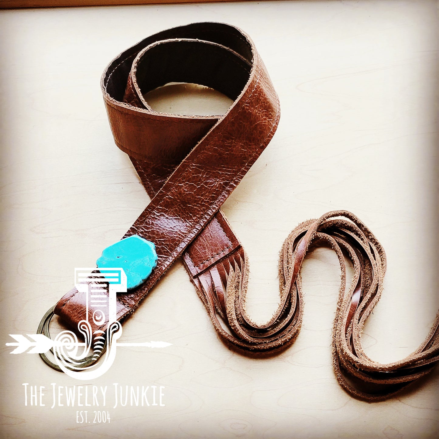 Cognac Leather Belt & Turquoise Slab with Leather Fringe Closure 905b