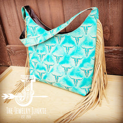 Montana Embossed Leather Hobo Handbag in Turquoise Steer Head 510s